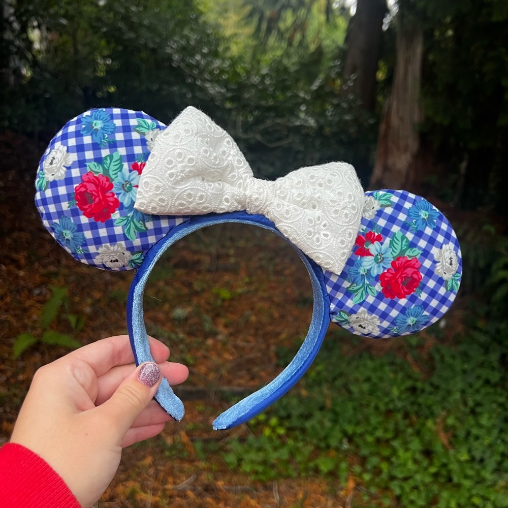 Disney Blue Floral Minnie Mouse Ears with White Bow